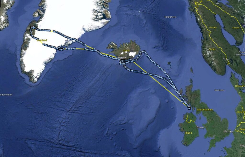 A GoogleEarth plot showing a complete record from one of the geese marked on Colonsay since its capture in January 2023 gives some idea of the data that the tracking devices can give us.